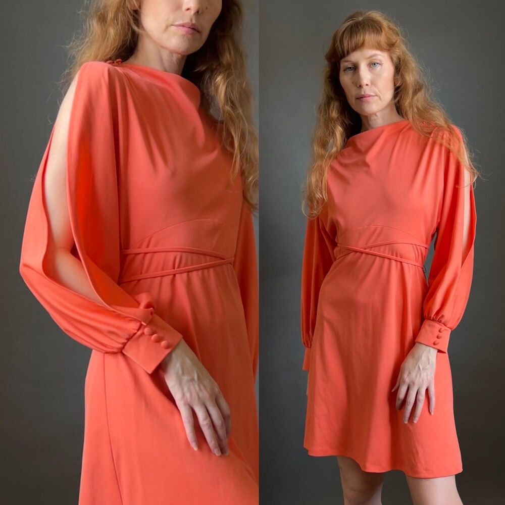 Vintage 1970s Coral Cold Shoulder Mini Dress, Small Medium